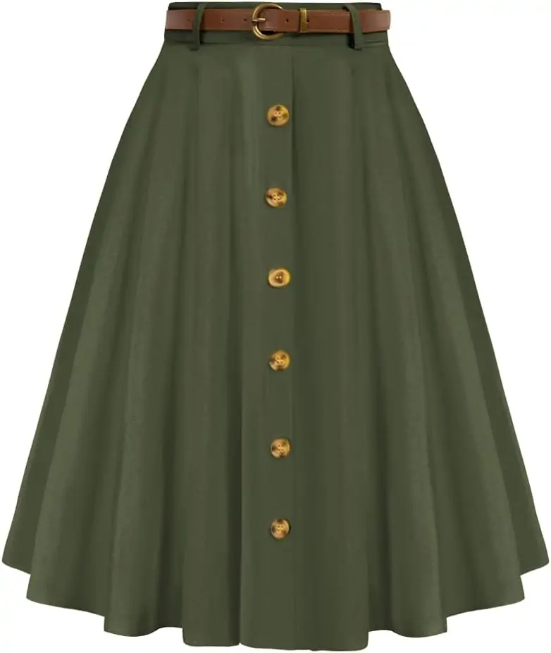 Belle Poque Women's Vintage Stretch High Waist A-Line Flared Midi Skirts with Pockets & Belts