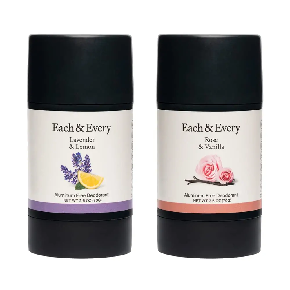 Each & Every Natural Deodorant for Men & Women - Aluminum- Free, Sensitive Skin, Plant-Based, Baking Soda-Free, 24 Hr Odor Control - Lavender & Lemon + Rose & Vanilla Travel Size Multipack, 2.5oz