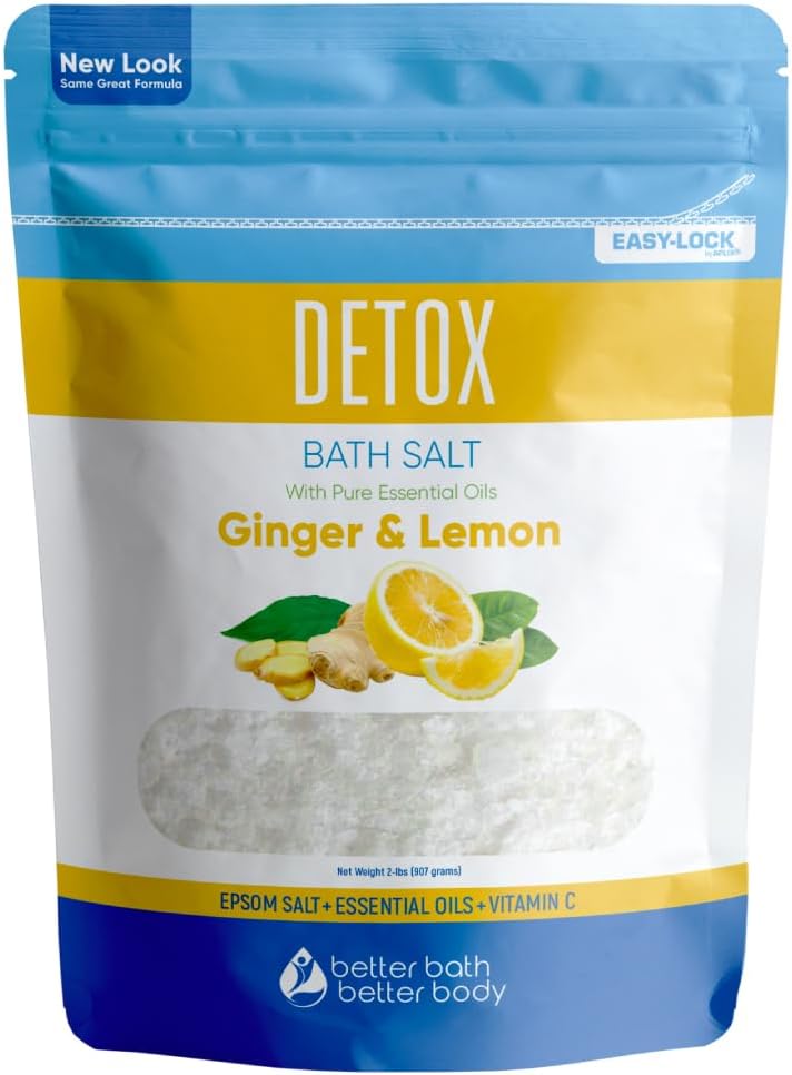 Detox Bath Salt 32 Ounces Epsom Salt with Natural Ginger and Lemon Essential Oils Plus Vitamin C in BPA Free Pouch with Easy Press-Lock Seal