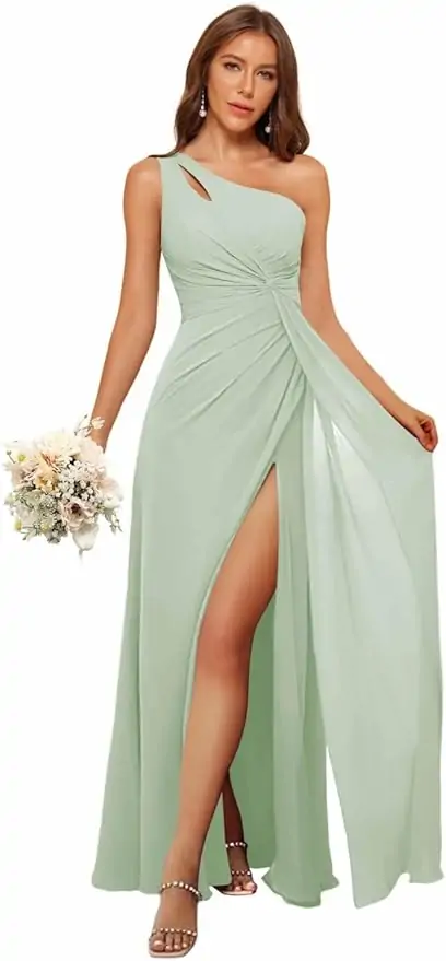 Clothfun Women's One Shoulder Pleated Bridesmaid Dresses Long A Line Chiffon Formal Party Dress with Slit CY116