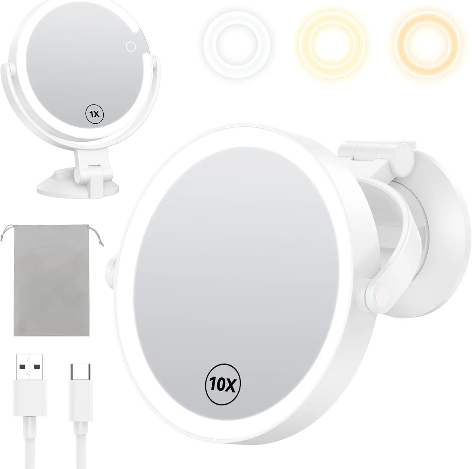 Gospire 7” Wall Mounted Makeup Mirror with Lights and Magnification 10X, 3 Color Lighted Bathroom Mirror with Powerful Locking Suction Cup, Shaving Mirror for Men, Led Mirror for Desk - White