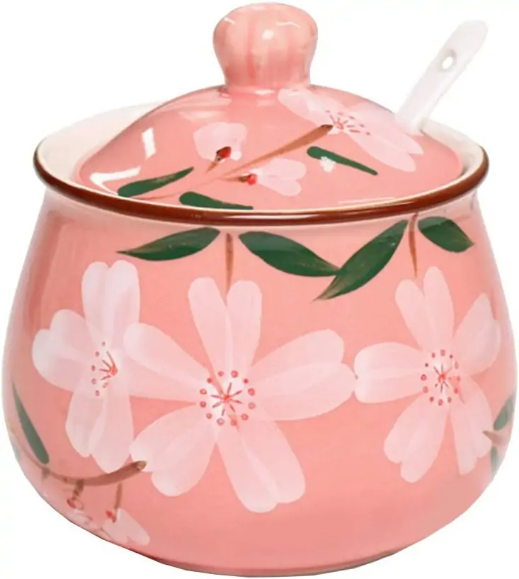 Ceramic Japanese Hand Painted Flower Sugar Bowl Seasoning Jar with Lid Spoon
