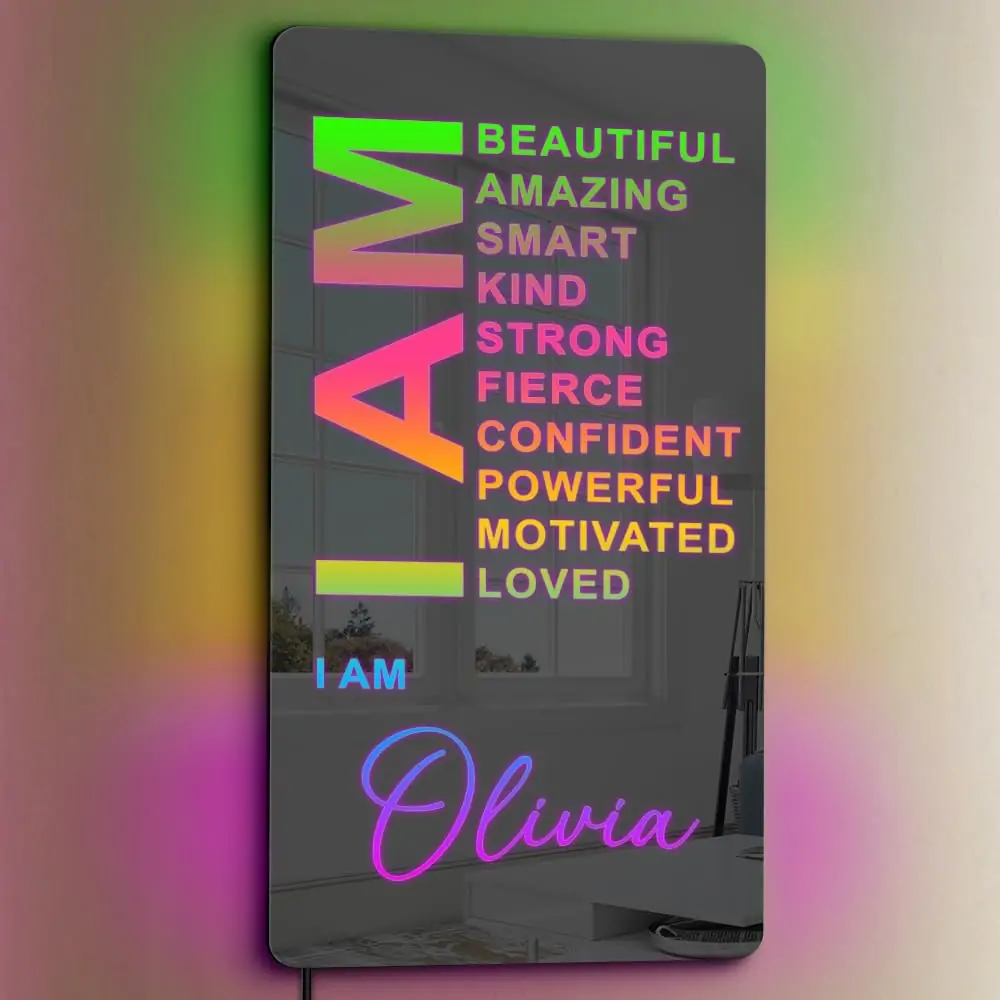 Personalized Affirmation Mirror LED Light - I Am Mirror - Name Light Up Sign for Wall RGB Light - LED Name Sign - Personalized Mirror Name Sign - Handmade Led Mirror for Bedroom