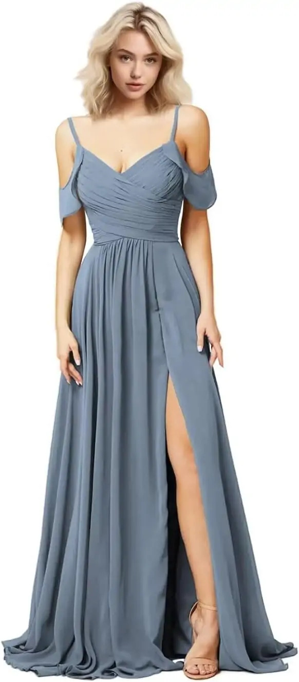 SHANDUAO Chiffon Cold Shoulder Bridesmaid Dress A Line Formal Evening Dress with Slit