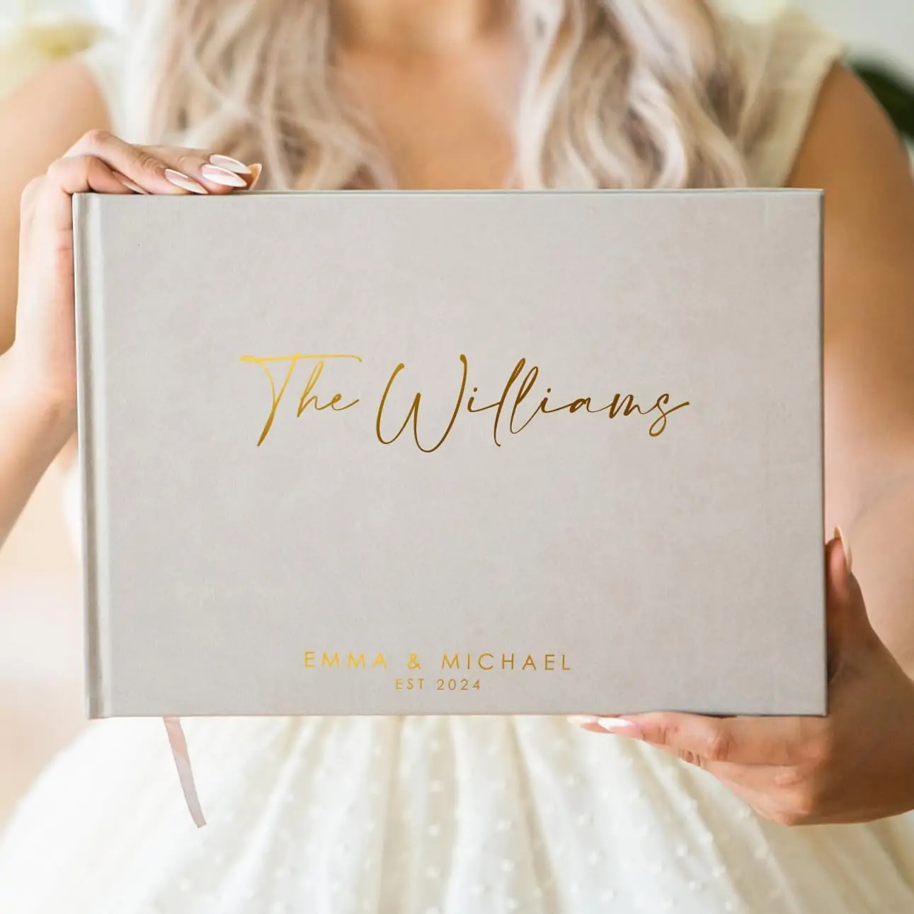 Personalized Foil Wedding Guest Book - 11.5 x 8.5 Custom Taupe Colored Guestbook with Customizable First Last Name Date Cover, Hardcover Polaroid Book for Sign in at Reception Baby Bridal Shower Party