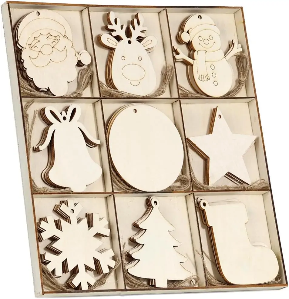 Wohohoho 45Pcs Unfinished Paintable Blank Wooden Christmas Ornaments with Tray, 9 Designs DIY Predrilled Wood Ornaments for Crafts. Christmas Tree Hanging Decorations Xmas Art Birthday Gift for Kids