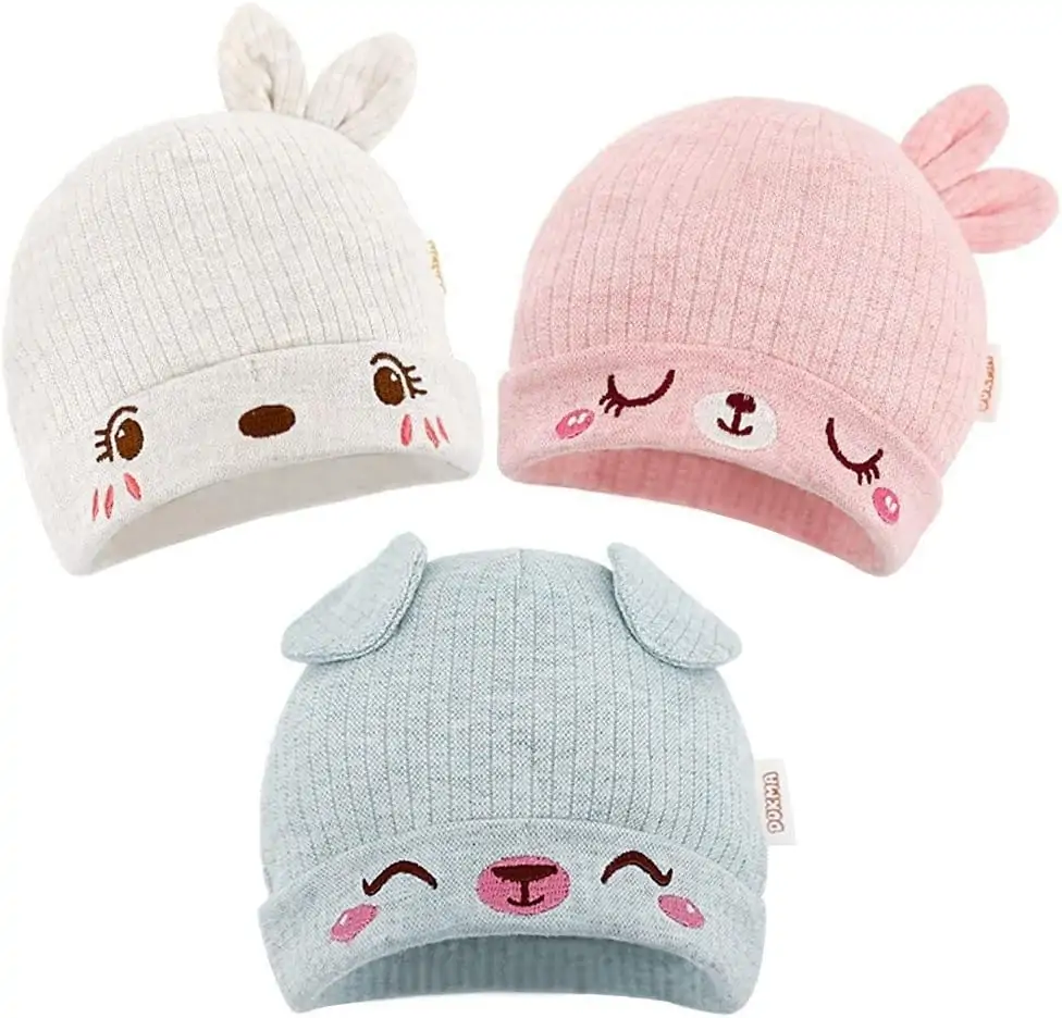 DOKMA Organic Cotton Toddler Hat Set 3 Cute Animal Ears Design, Beanies for Baby Boys and Girls 0-3 Months, Pink