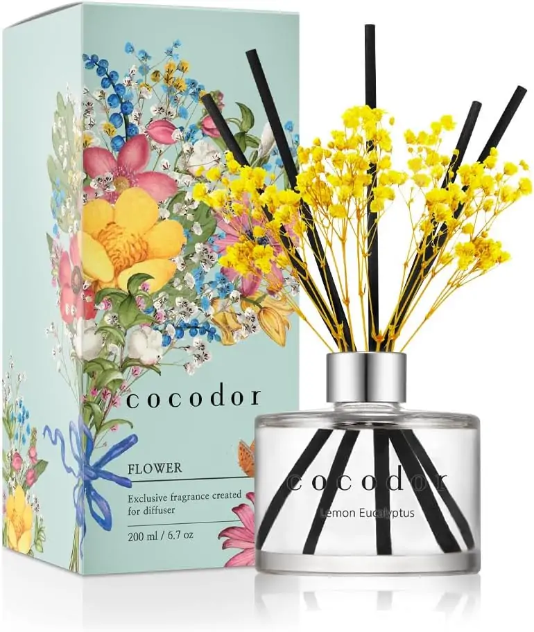 COCODOR Flower Reed Diffuser Set / 6.7oz / Lemon Eucalyptus/Scent Diffuser with Sticks Home Fragrance Reed Diffuser for Bathroom Shelf Decor