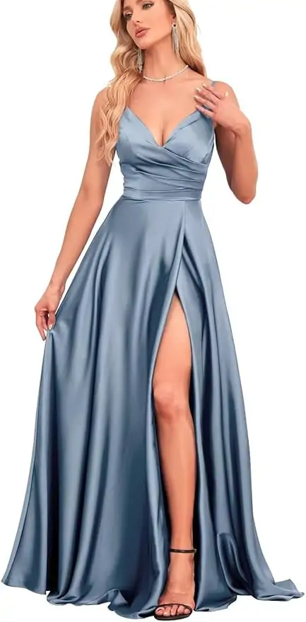 IIF Women's Satin Bridesmaid Dresses with Slit A Line Spaghetti Strap Formal Prom Evening Party Gown with Pocket IIF023