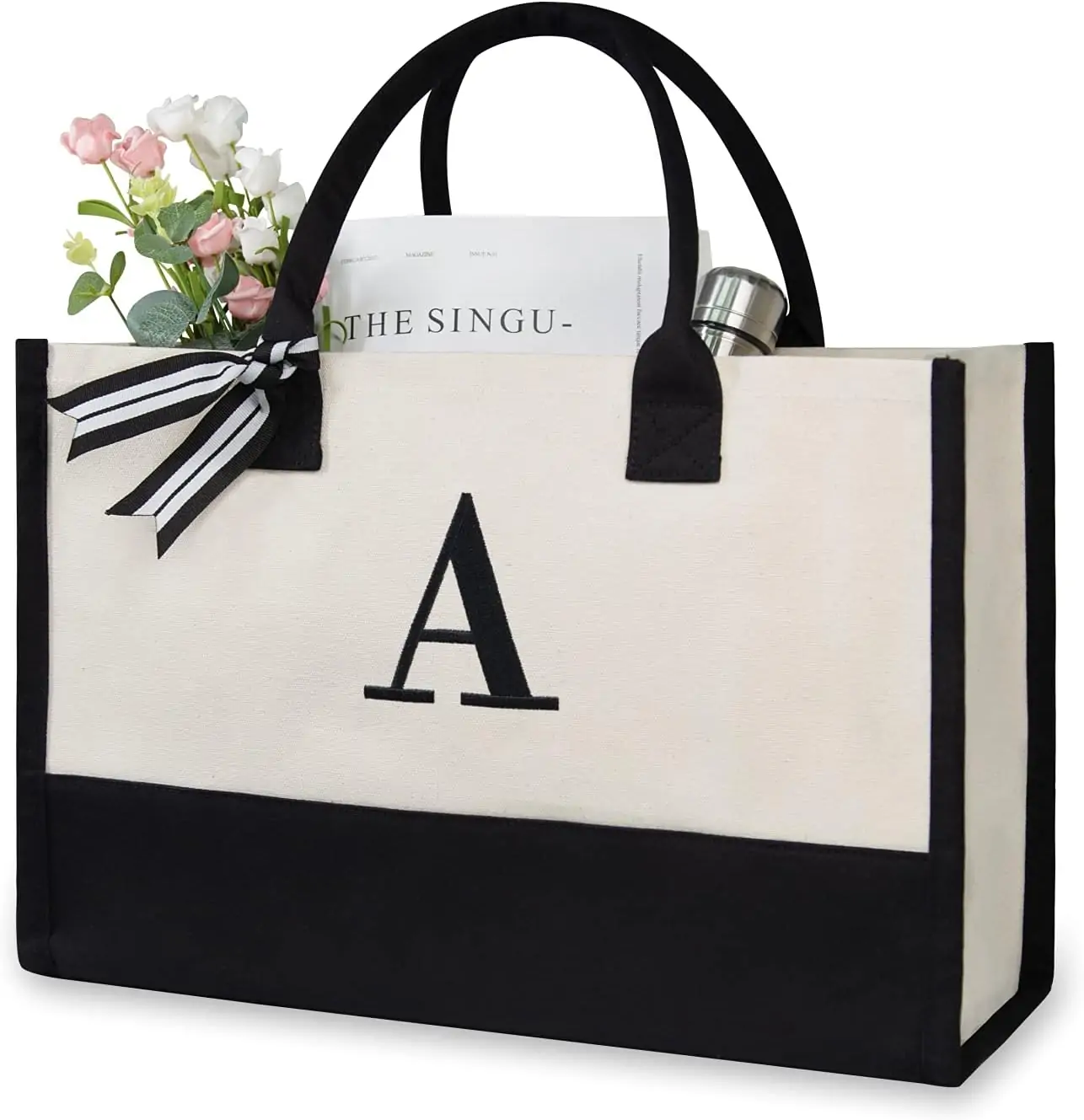 TOPDesign Personalized Initial Canvas Beach Bag, Monogrammed Gift Tote Bag for Women