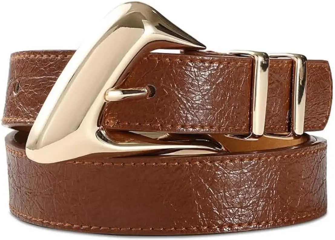 Women's Brown Belt Trend Belt with Gold Buckle Fashion Leather Waist Belt for Jeans Pants