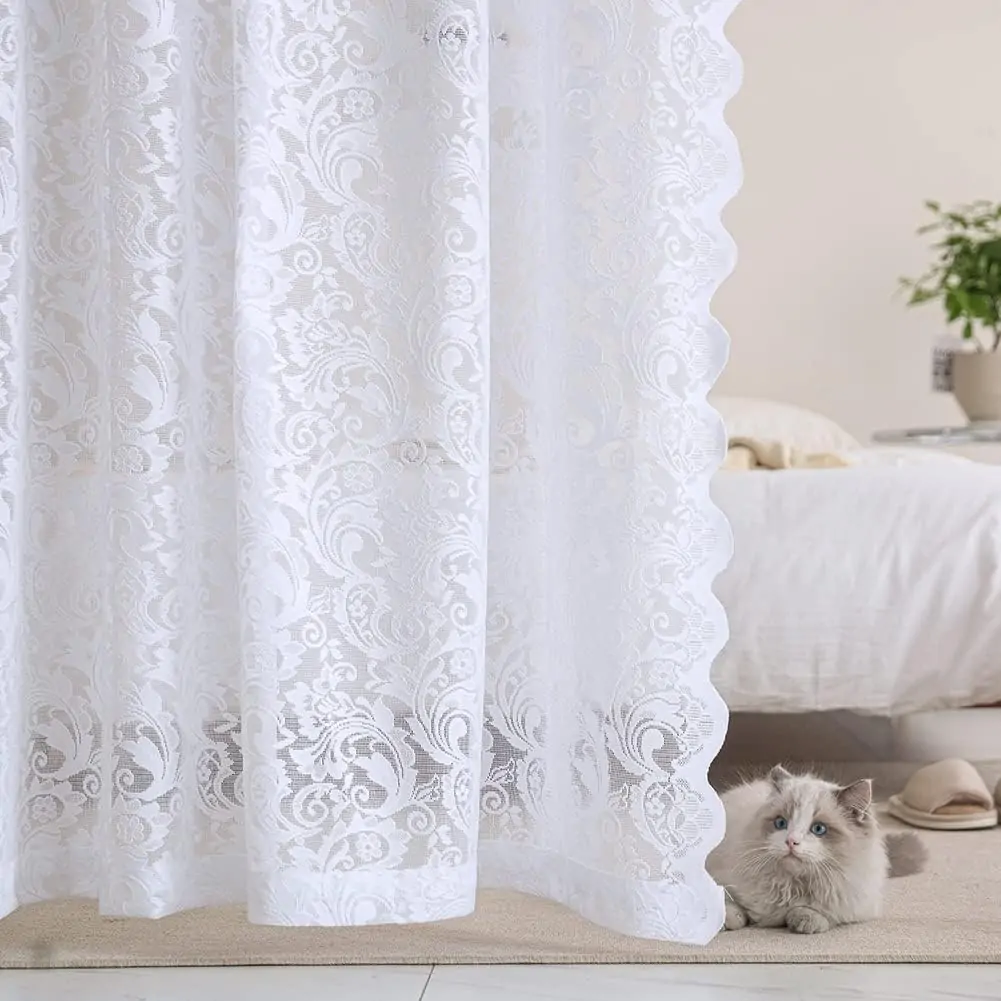 ALIGOGO White Lace Curtains 84 Inches Long-Vintage Floral Lace Sheer Curtains for Living Room 2 Panels French Pricacy Scalloped Rod Pocket 52 W x 84 L Inch, White