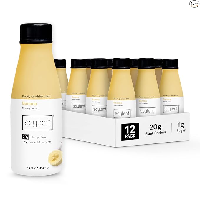 Soylent Banana Meal Replacement Shake, Ready-to-Drink Plant Based Protein Drink, Contains 20g Complete Vegan Protein and 1g Sugar, 14oz, 12 Pack