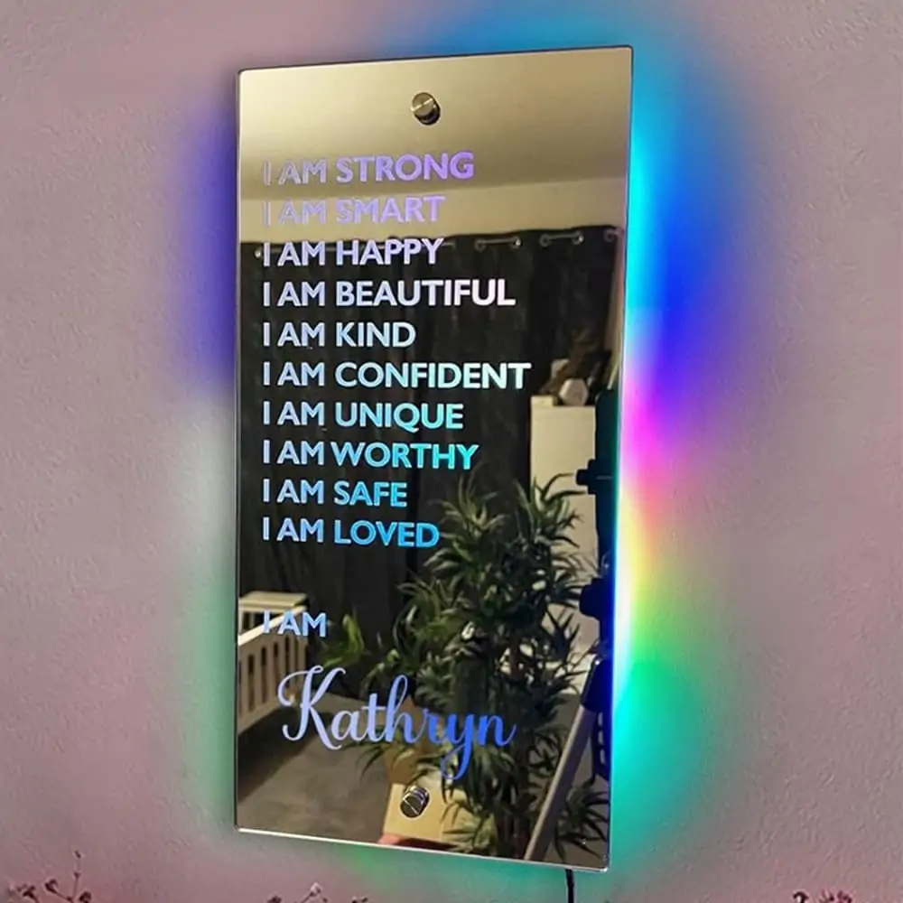 Personalized Name LED Affirmation Mirror Light I AM Mirror,Personalised Positive Name Mirror Light for Bedroom, I AM Strong,I AM Loved,I Am Enough, I Am Beautiful,I AM Smart Kind Worthy Loved