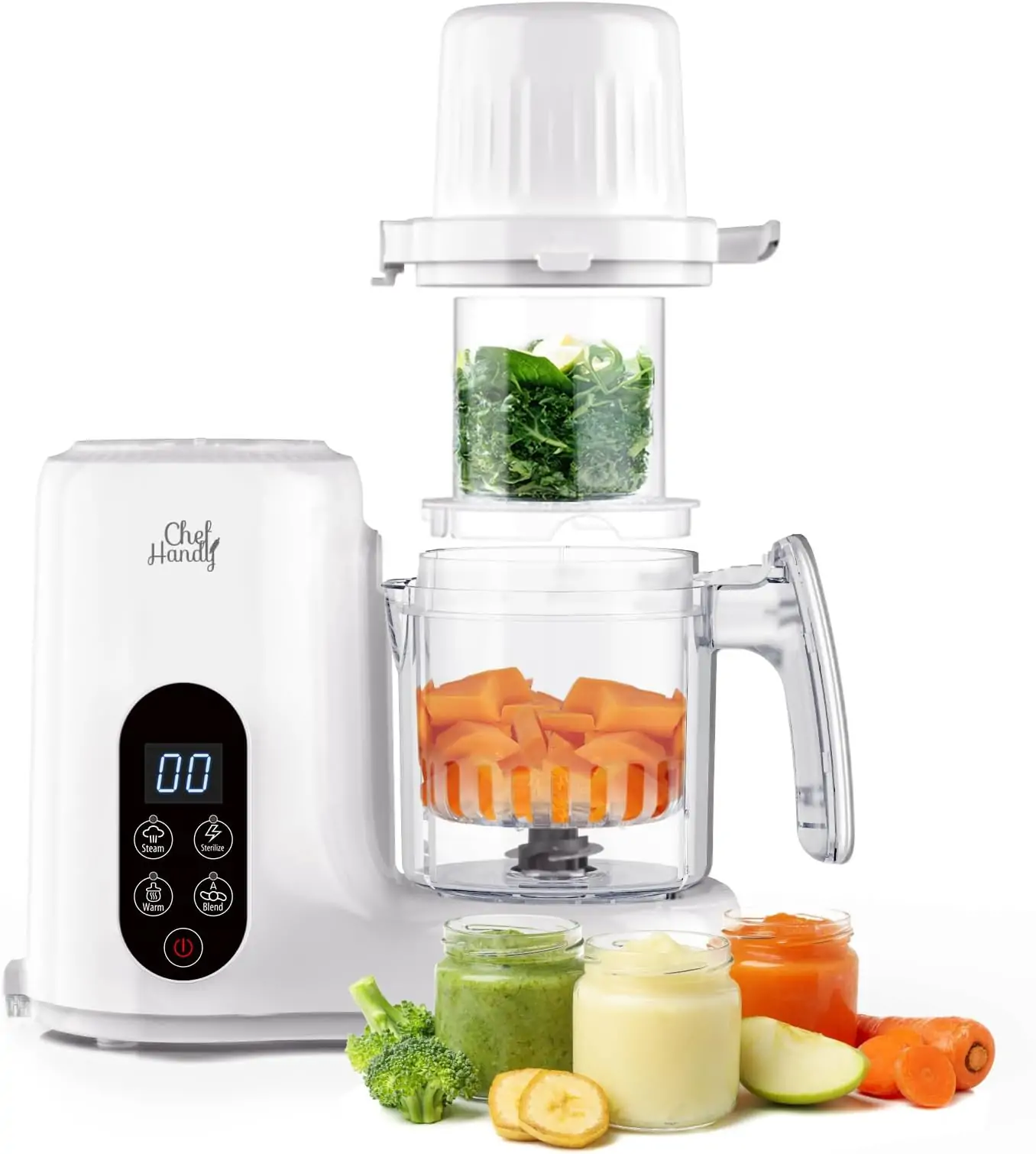 Chefhandy Baby Food Maker, Baby Food Processor, 5 in 1 Baby Puree Maker with Two Layer Steaming Baskets for Steamer,Blender,Bottle Warming Fuction, Auto Cooking & Grinding,Touchscreen Control, White