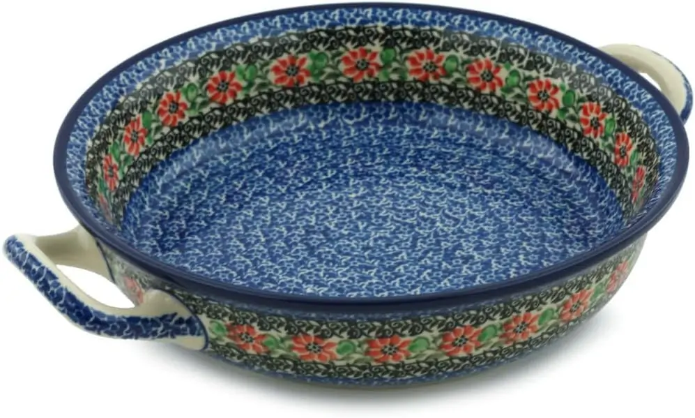 Authentic Polish Pottery Round Baker with Handles in Red Zinnia Design Handmade in Bolesławiec Poland by Ceramika Artystyczna + Certificate of Authenticity