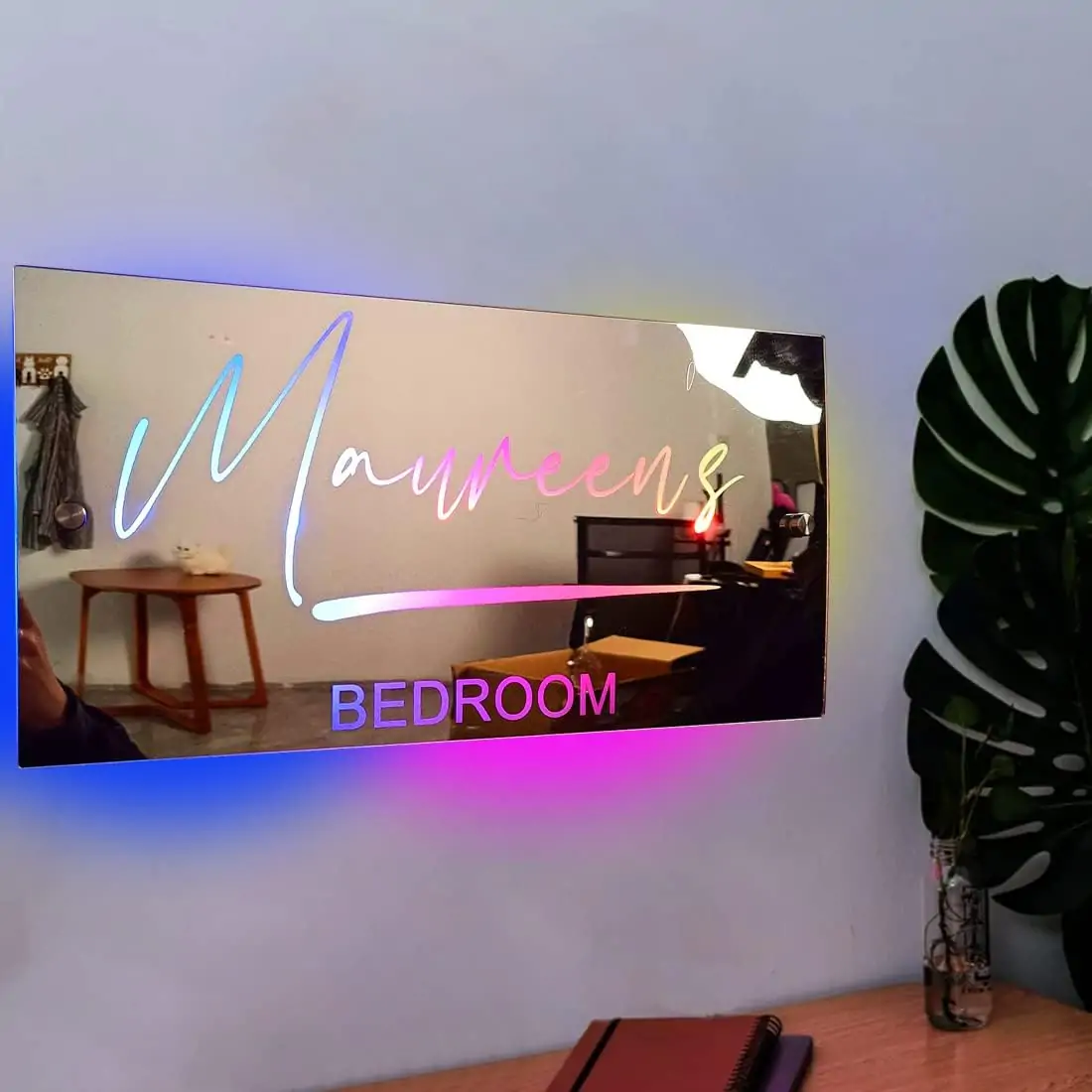 Personalized Name Mirror LED Light Rectangle 16 Colour Wall Art Sign Night Light Custom Text Wall Mirror for Bedroom, Living Room (Rectangle Text LED Mirror Light)