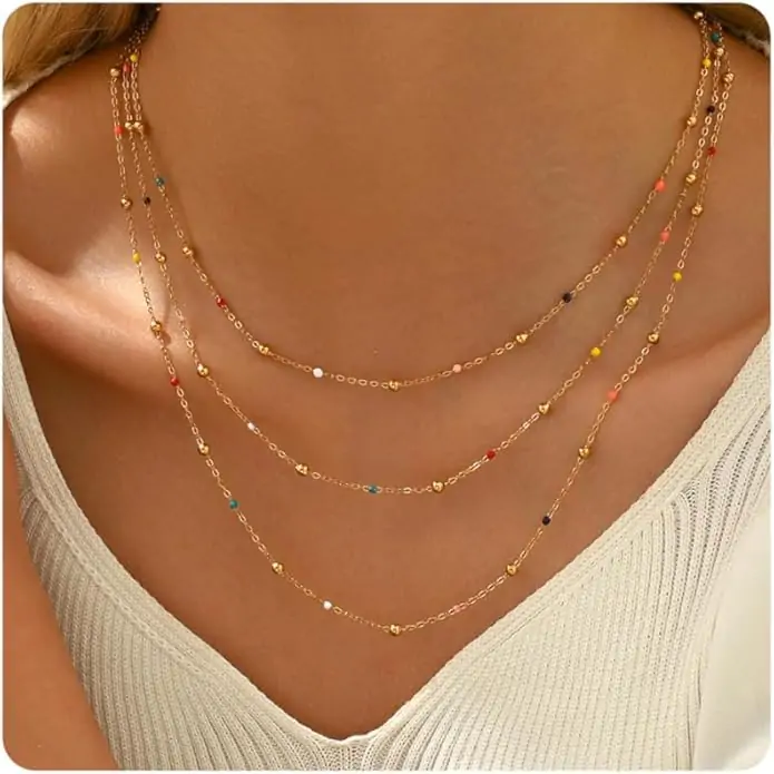 Gold Chain Necklace for Women Dainty 18K Gold Plated Thin Satellite Beaded Turquoise Necklace Simple Gold Boho Jewelry