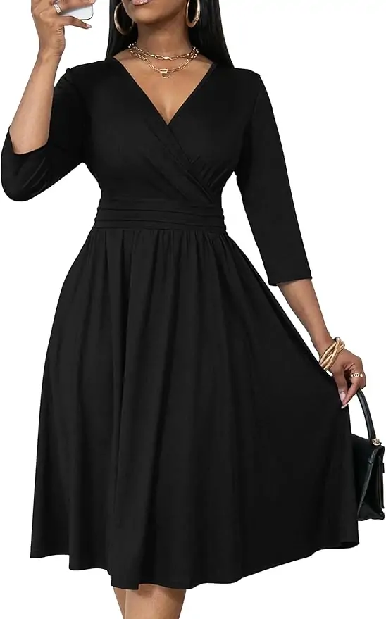 Nmoder Women's Wrap Dress Cocktail Church Wedding Midi Dress A-Line V Neck 3/4 Sleeve Casual Dresses with Pockets