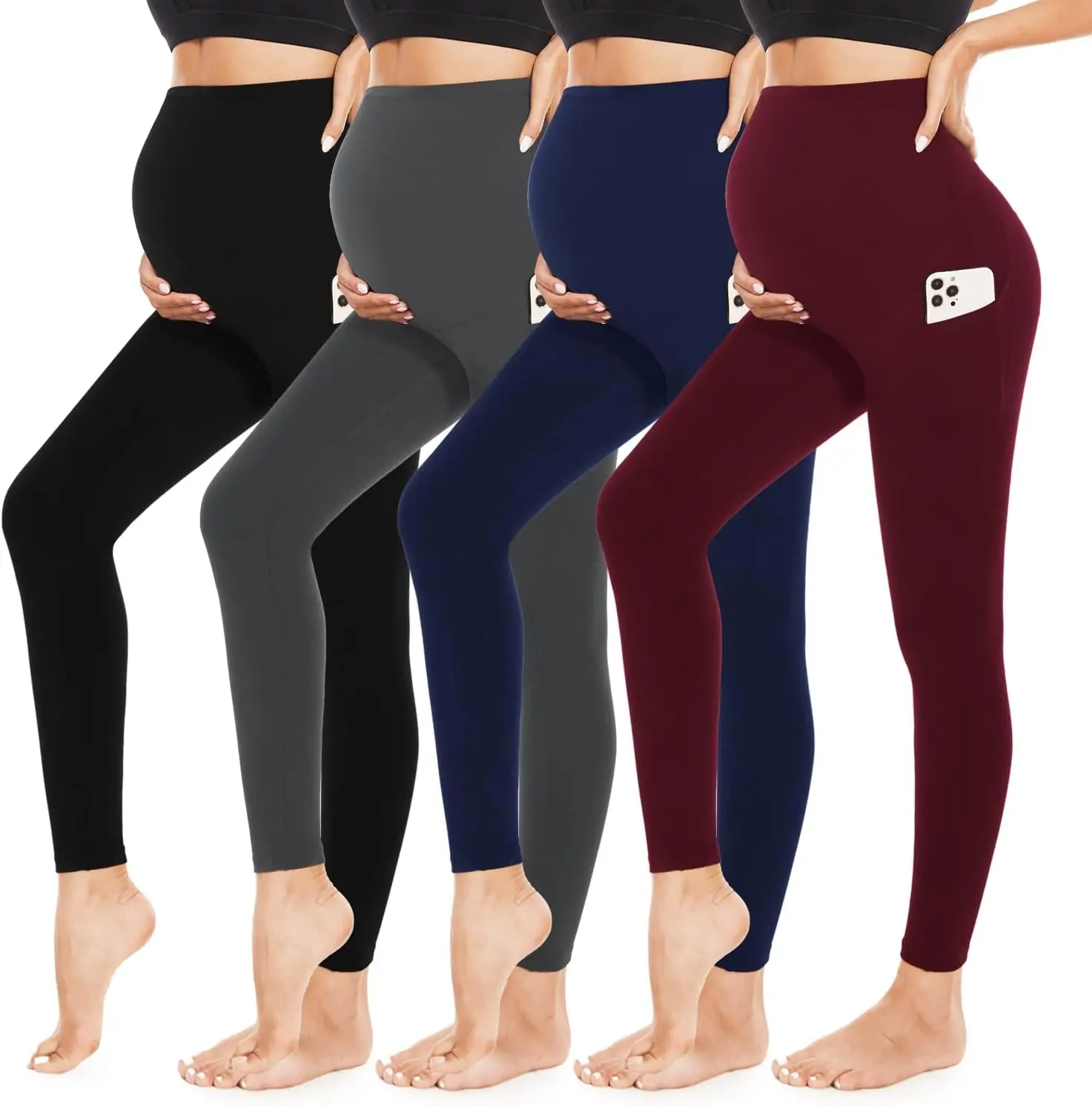 4 Pack Women’s Maternity Leggings with Pockets Over The Belly Butt Lift - Soft Workout Pregnancy Yoga Pants