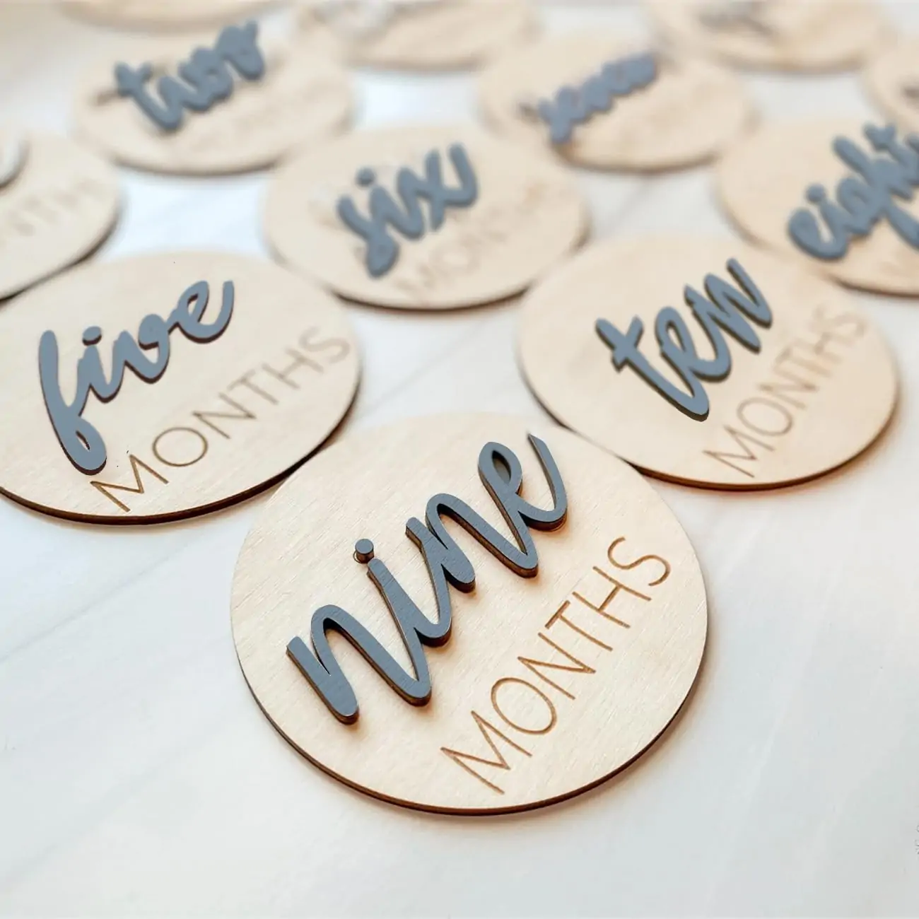 Baby Monthly Milestone Markers Disc, Wooden 3D Baby Milestone Cards for Baby Photos, Baby Announcement Sign,Slate Blue, 1-12 Months, 4 Inches in Size.