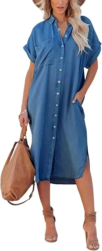 chouyatou Women's Summer Loose Hand Pocket Midi Long Tunic Denim Shirt Dress