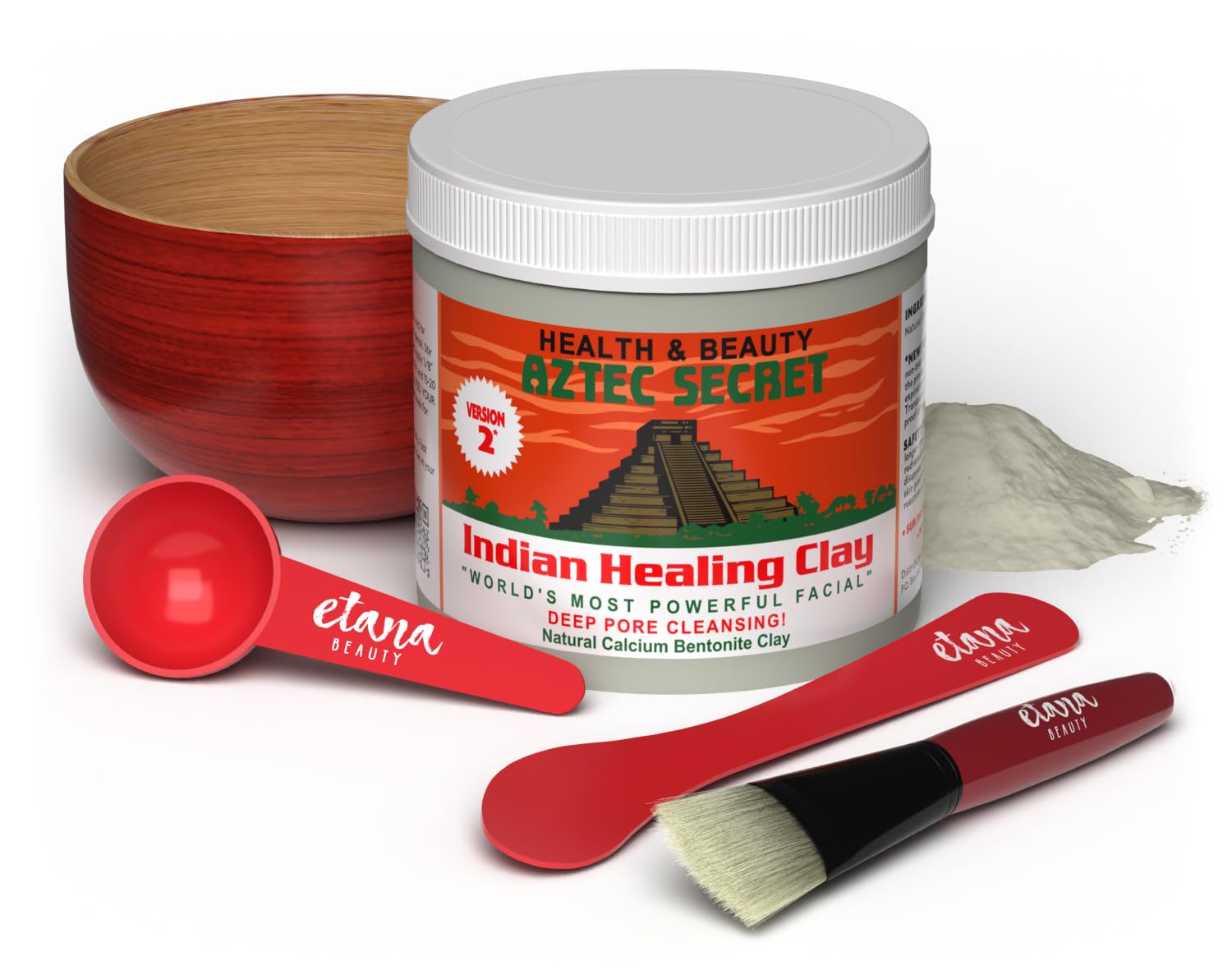 Aztec Secret Essential Indian Clay Mask Kit by Etana – 100% Natural Calcium Bentonite for Deep Pore Cleansing - Facial, Hair & Body Detox Set With Accessories