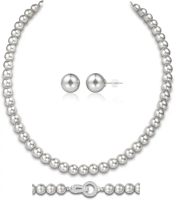 Silver Pearl Necklace 18 inch and Pearl Earrings Studs, Lustrous Gorgeous Imitated Silver Pearl Jewelry Set For Women