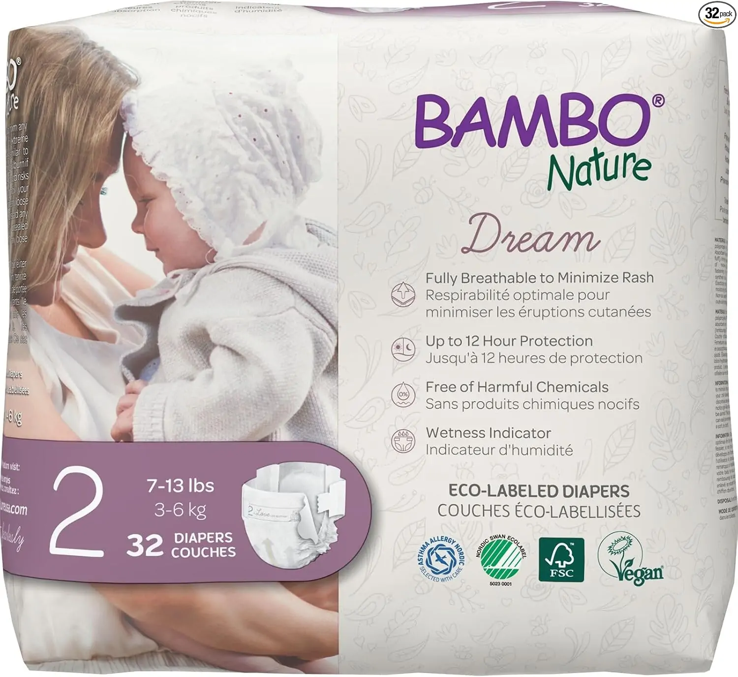 Bambo Nature Hypoallergenic Baby Diapers, Eco-Labelled Sustainable Diapers, Enhanced Leakage Protection, Totally Chlorine-free, Skin Friendly, and Super Absorbent - Size 2 (32 Count)