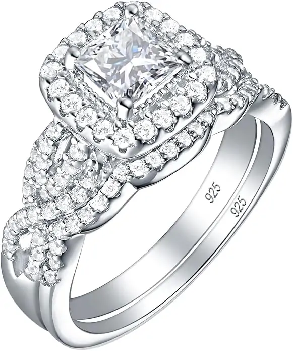 Wuziwen Halo Wedding Ring Sets for Women S925 Silver Engagement Rings Wedding Band Set for Her CZ
