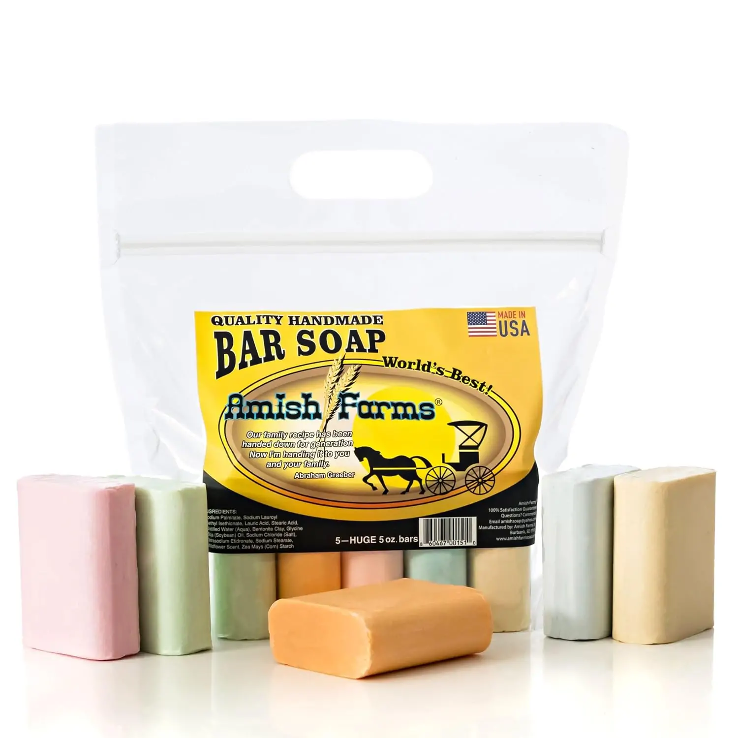 Amish Farms Bar Soap w/All Natural Bentonite Clay | Made in USA, Vegan Moisturizing for Sensitive Skin | Women & Mens Face & Body Bar Bath Soap for Shower | Clean Scent | 5oz Ea (5 Bars)