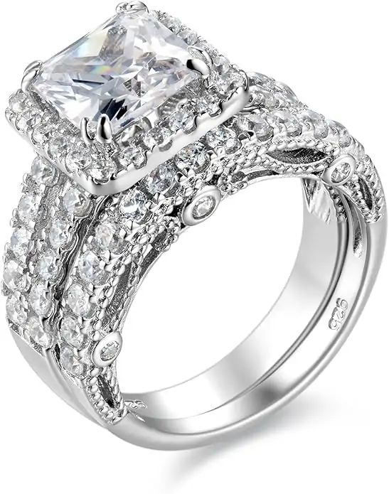 Wuziwen 4Ct Engagement Rings for Women Sterling Silver Cubic Zirconia Wedding Bridal Ring Set Size 4-13