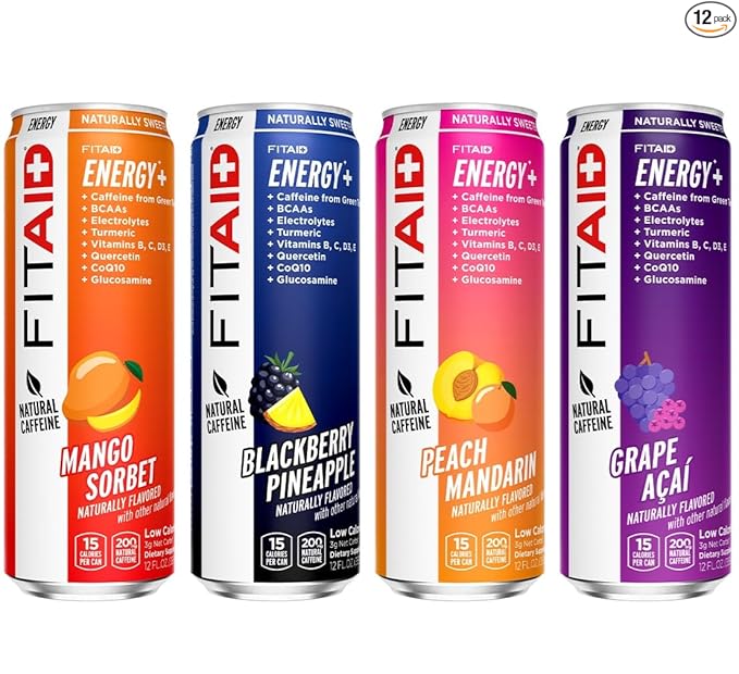 LIFEAID FITAID Energy, 200mg Natural Caffeine, Keto, Variety Pack, Optimum Performance Formula: BCAAs, Quercetin, Electrolytes, Omega-3s, 15 Calories, Paleo, Vegan & Gluten-Free, 12 Fl Oz (Pack of 12)