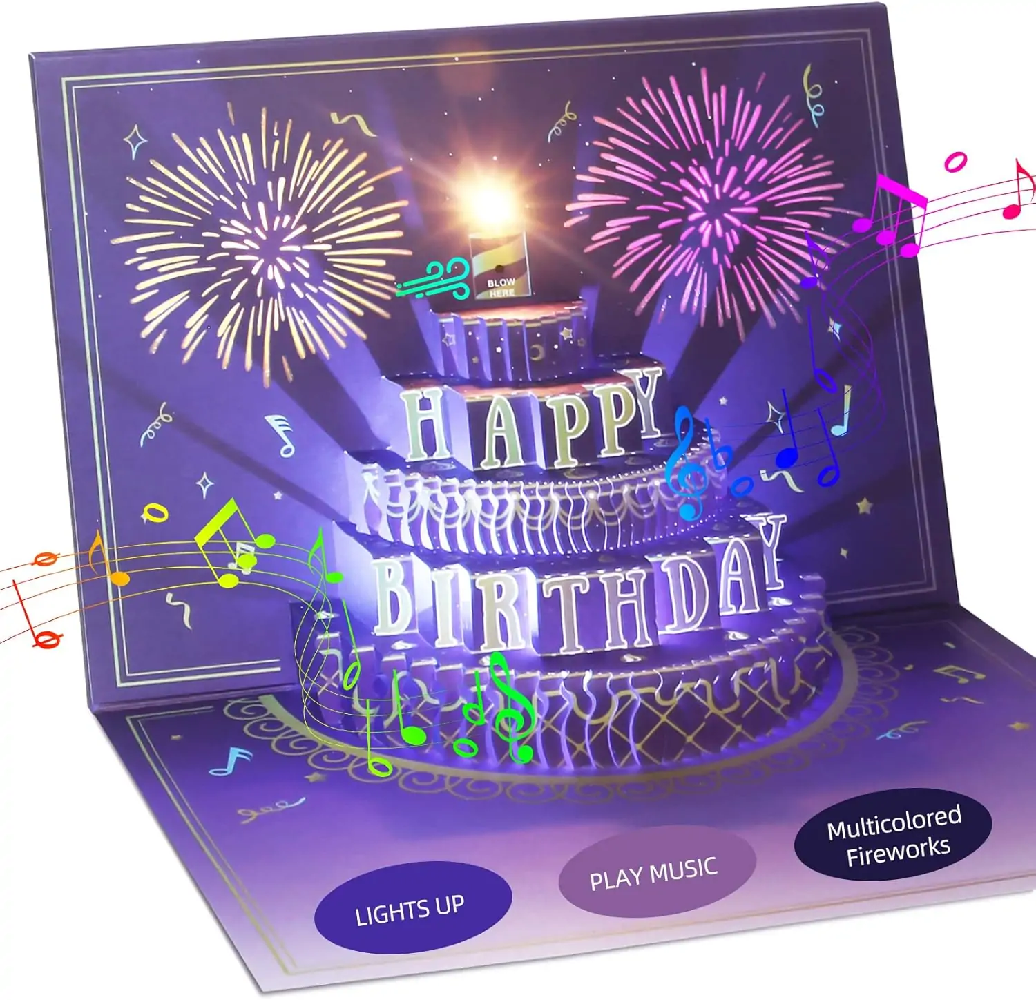 XTF2015 Happy Birthday Cards Fireworks, Lights, Music and Sound Fireworks Cake 3D Pop Up Birthday Cards Gift with Envelope and Note Tag for Women, Men, Kids, Wife, Mom, Husband