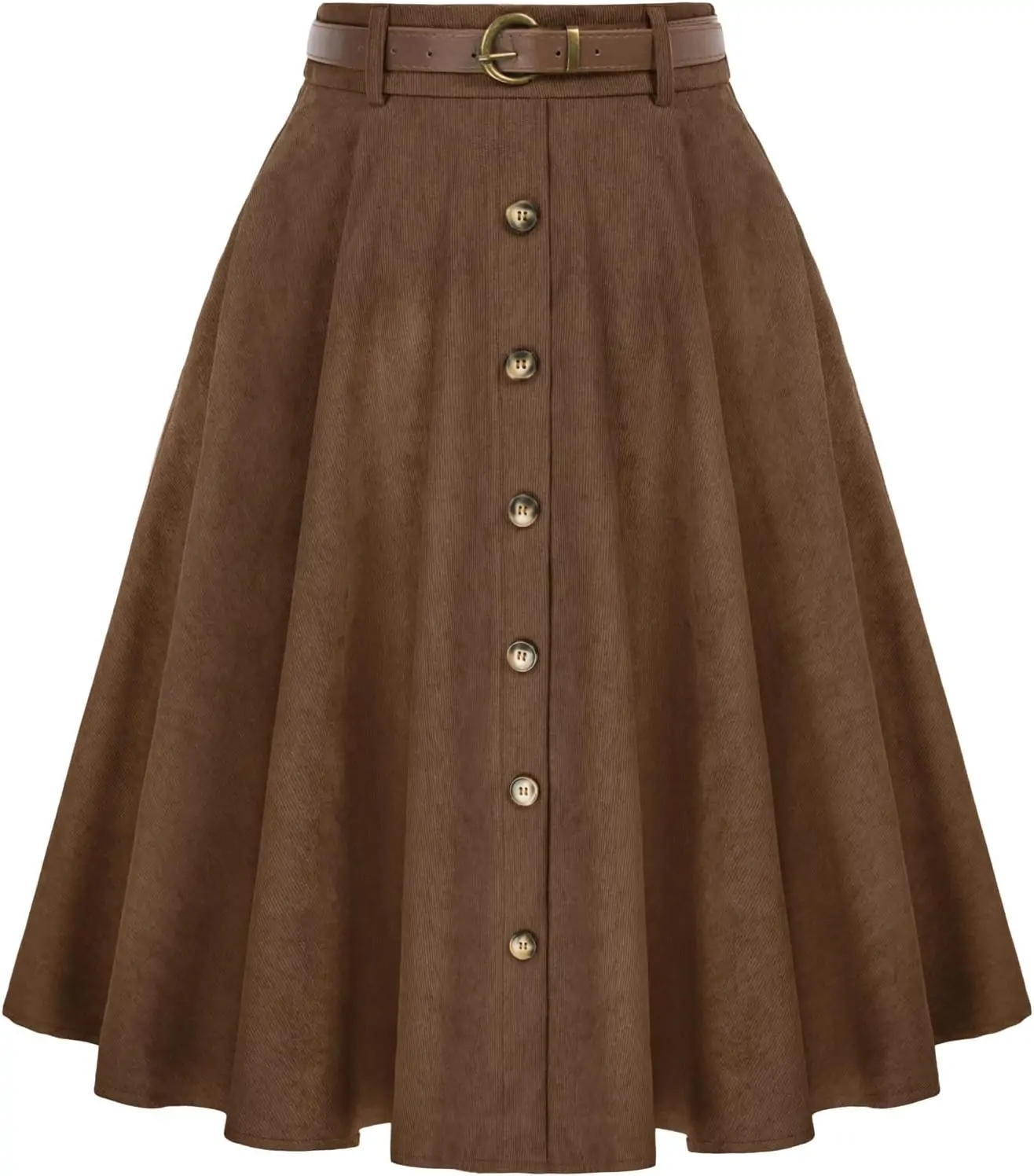 Belle Poque Women's Knee Length Corduroy Skirt Vintage Stretch High Waist A-Line Midi Skirt with Pockets & Belts