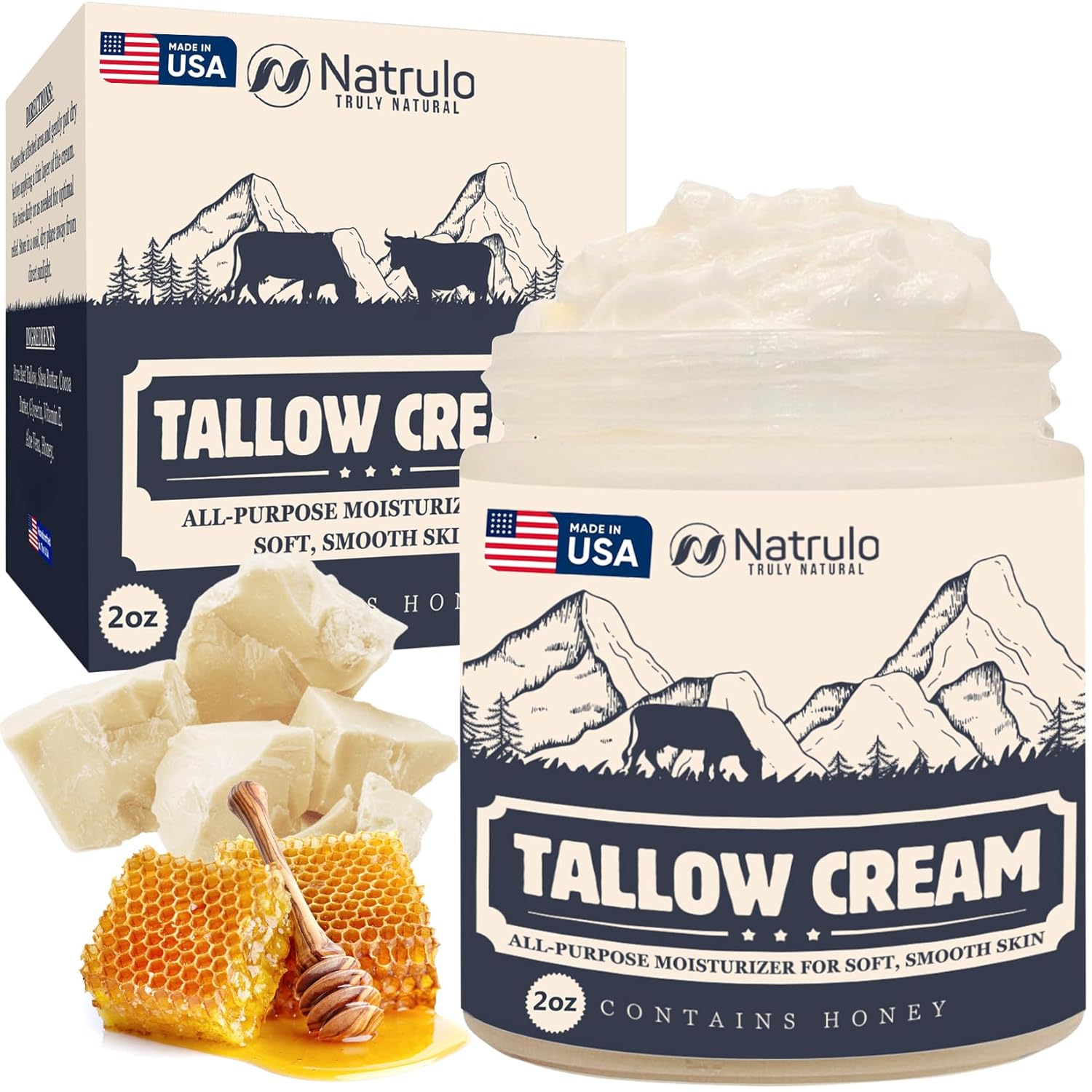 Beef Tallow Cream – All Natural Grass Fed Beef Tallow and Honey All Purpose Balm – Moisturizing Face and Body Lotion for Eczema, Cracked, Dry, Itchy, Irritated Skin – Skin Repair Skincare Made in USA