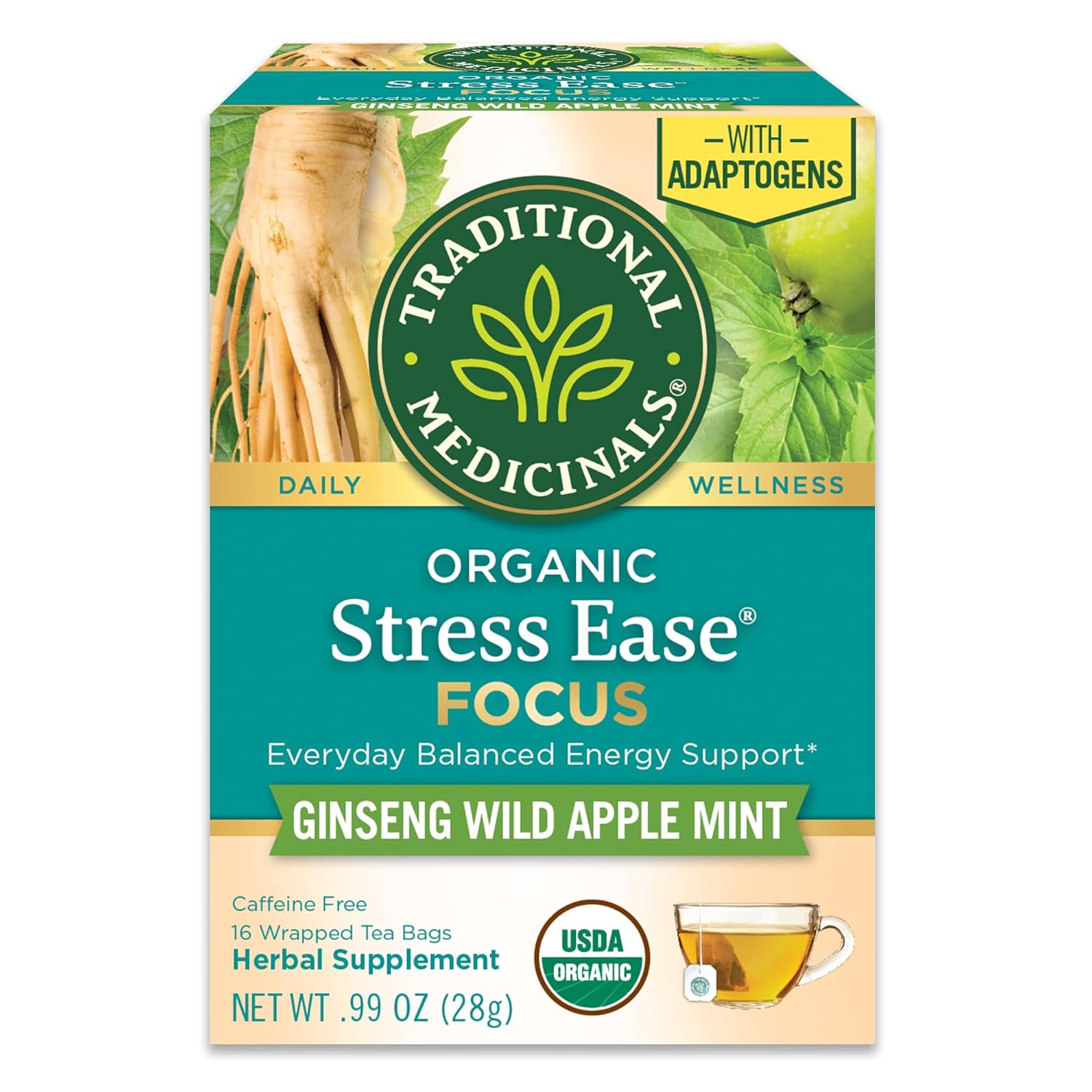 Traditional Medicinals Tea, Organic Stress Ease Focus, with Adaptogens, Everyday Balanced Energy, Ginseng Wild Apple Mint, 16 Tea Bags