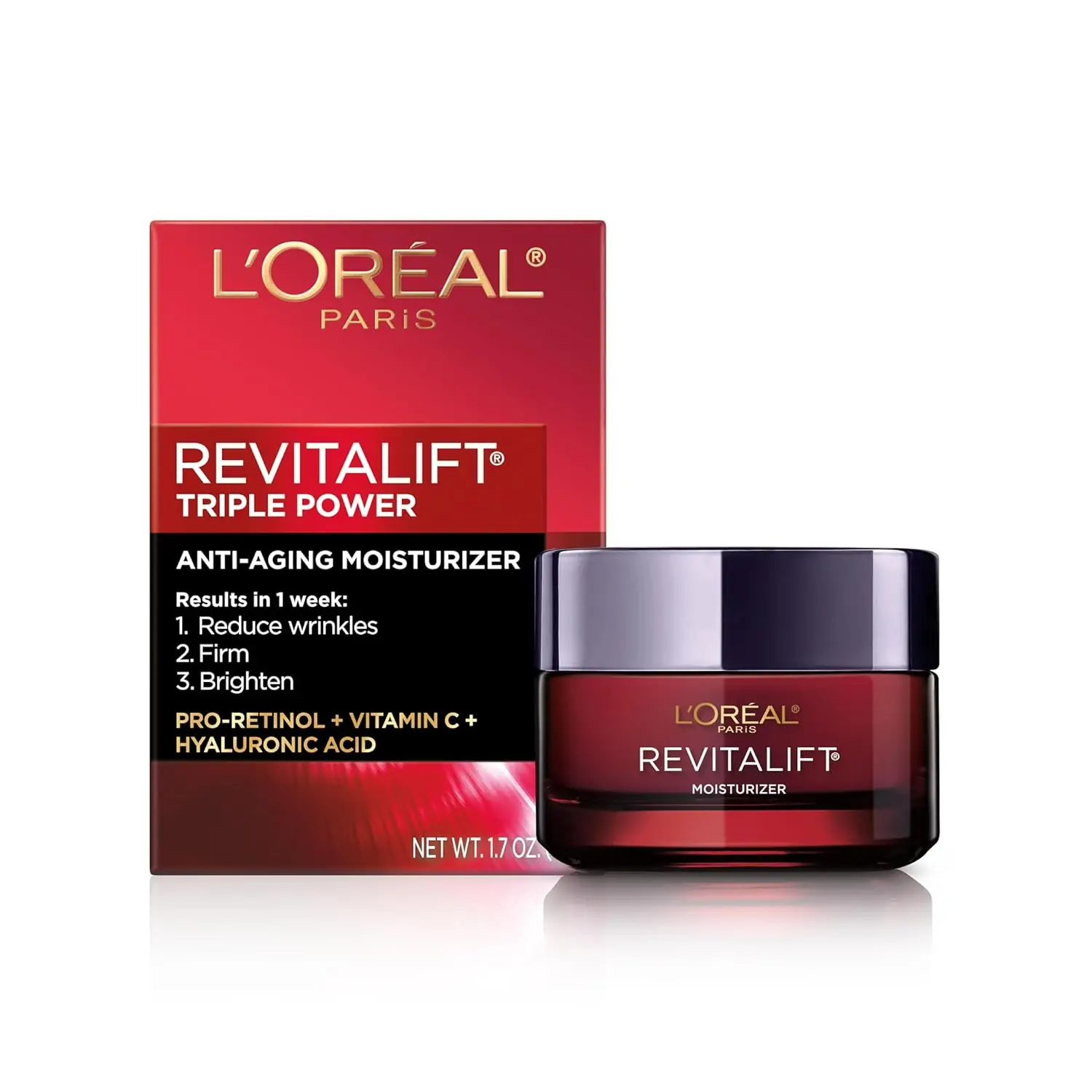 L'Oreal Paris Revitalift Triple Power Anti-Aging Face Moisturizer, Pro Retinol, Hyaluronic Acid & Vitamin C to Reduce Wrinkles, Firm & Brighten Skin, 1.7 Oz