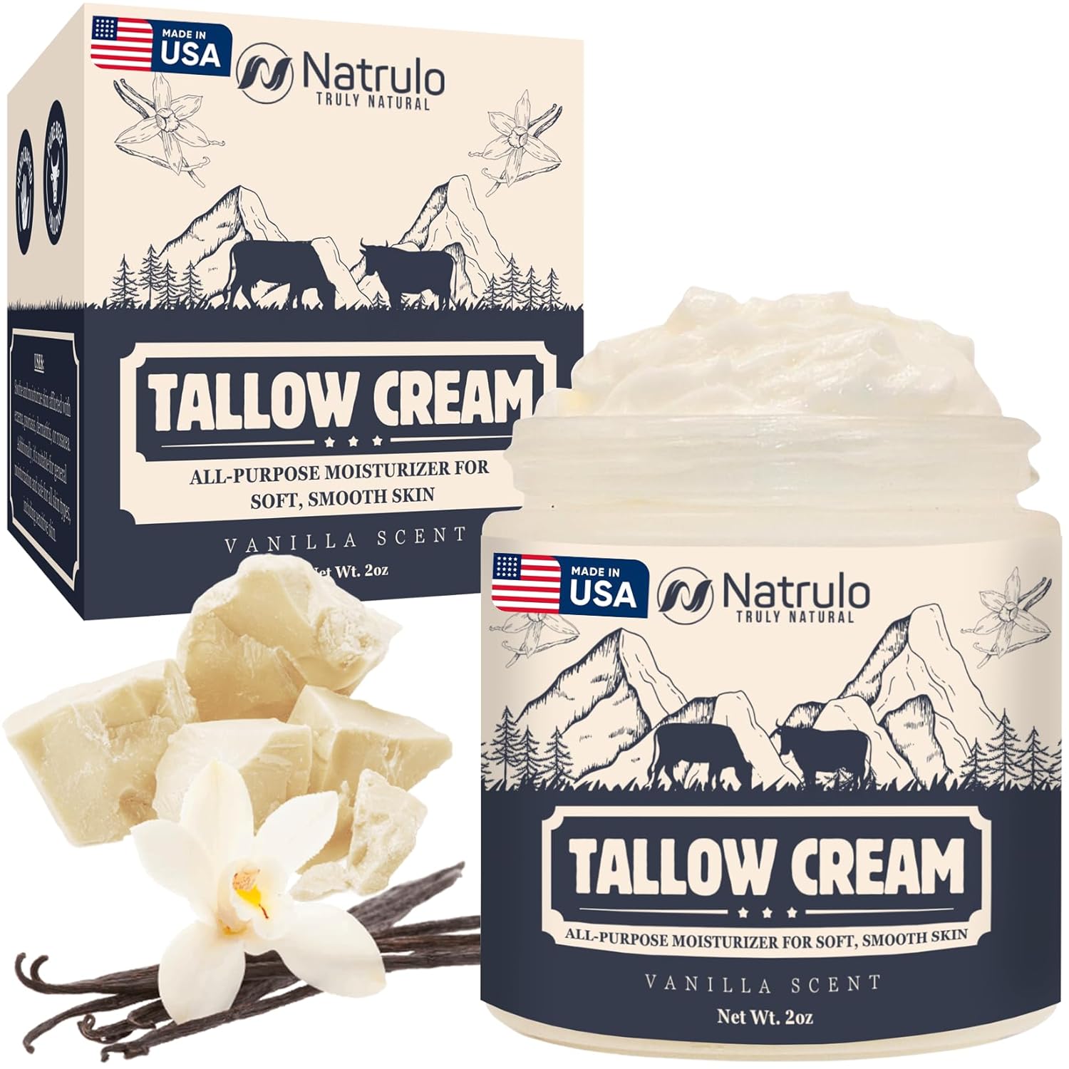 Beef Tallow Cream – All Natural Grass Fed Beef Tallow and Honey All Purpose Balm – Moisturizing Face and Body Lotion for Eczema, Cracked, Dry, Itchy, Irritated Skin – Skin Repair Skincare Made in USA