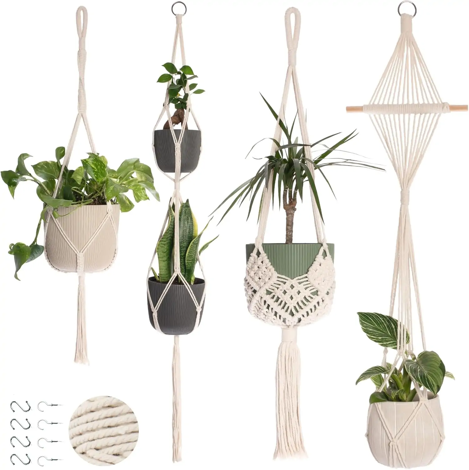 Nook Theory 4-Pack Macrame Plant Hanger - with 8 Ceiling Hooks - Hanging Planter Indoor Outdoor - Hanging Plant Holder - Decorative Bohemian Plant Hangers - Hanging Plants (Cream)