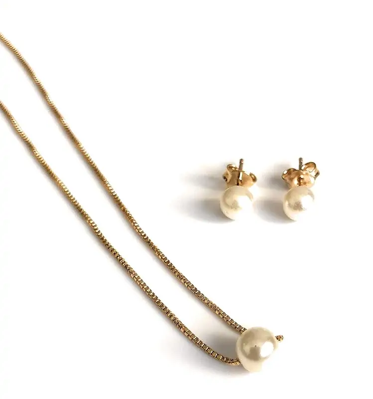 Minimalist Simulated Pearl Earring and Necklace Choker Set 18K Gold Plated Box Chain