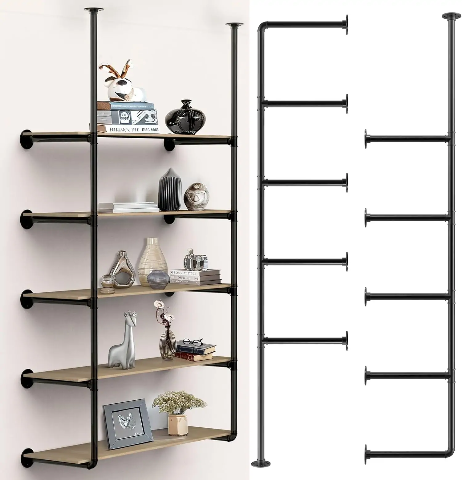 Industrial Wall Mount Iron Pipe Shelf - 5 Shelves Shelving Bracket (No Plank) DIY Open Bookshelf Ceiling Hung Shelf for Office Room Kitchen, Black Vintage Retro