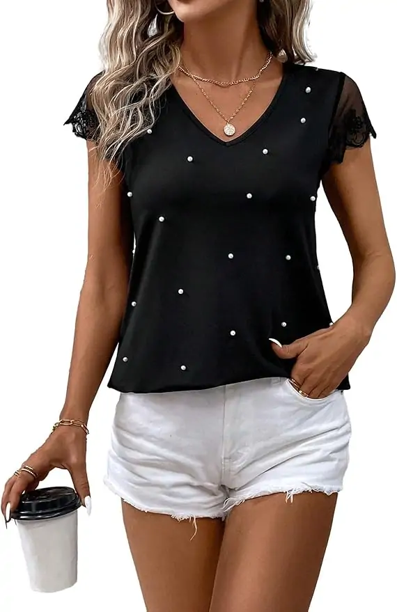 SOLY HUX Women's V Neck Embroidery Mesh Cap Sleeve Tee Pearls Beaded Summer Tops