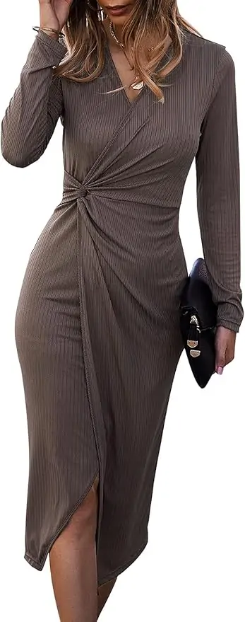 SHIBEVER Women's Long Sleeve Dress: Midi Casual V Neck Dresses Twist Waist Ribbed Knit Bodycon Slit Cocktail Party Dress