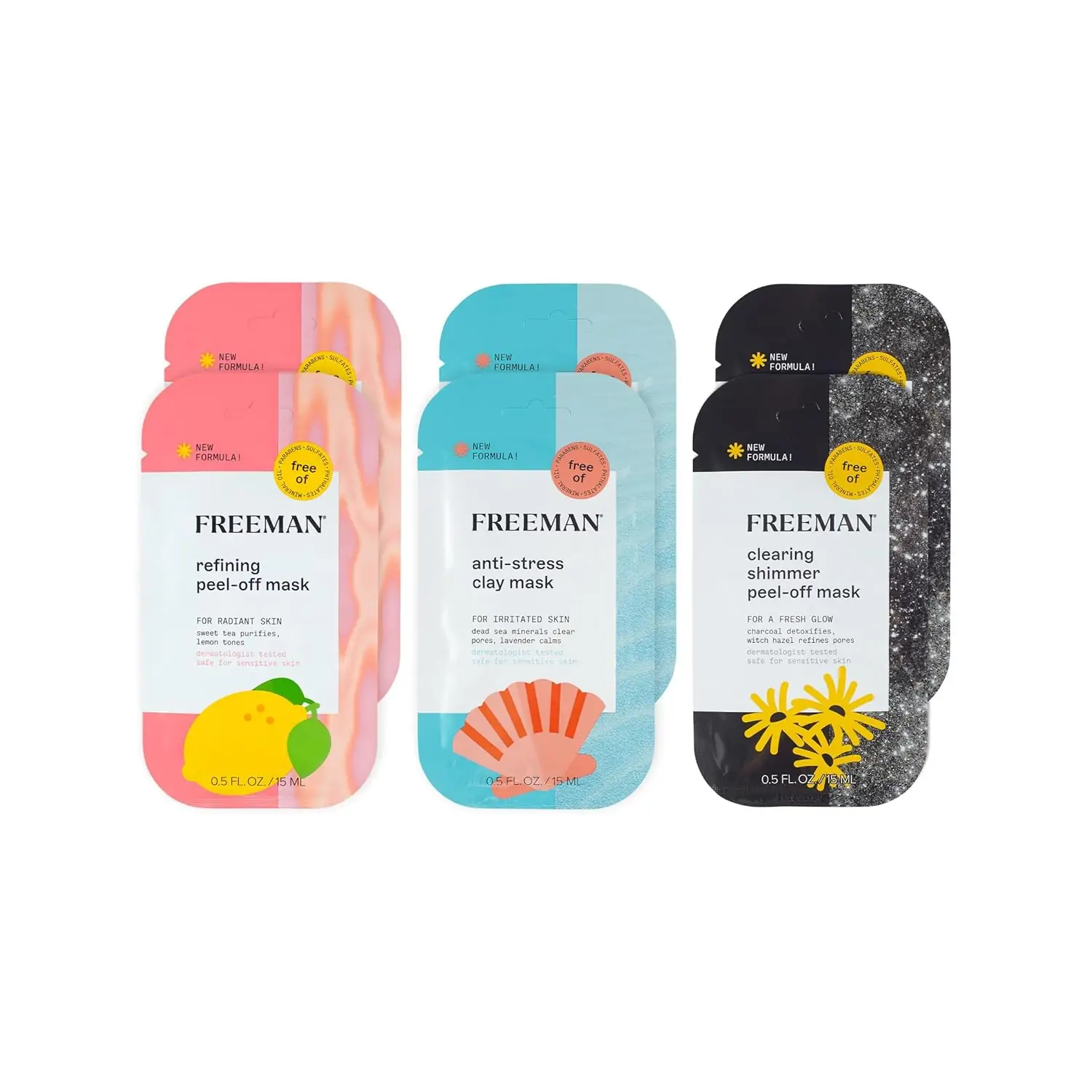 Freeman Facial Mask Variety 6 Count Bundle, Peel-Off & Clay Face Masks, Pore Clearing, Brightening, & Calming Skincare, For All Skin Types, Travel Size Masks, 0.5 fl. oz./15 ml Sachets