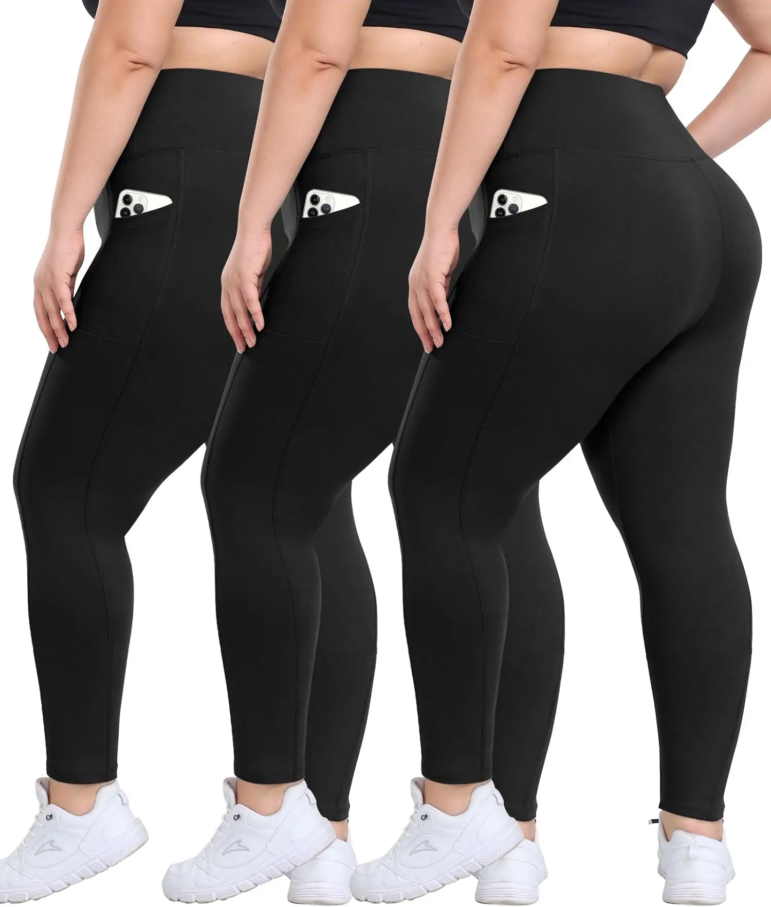 3 Pack Plus Size Leggings with Pockets for Women - High Waisted Tummy Control Spandex Soft Black Workout Yoga Pants