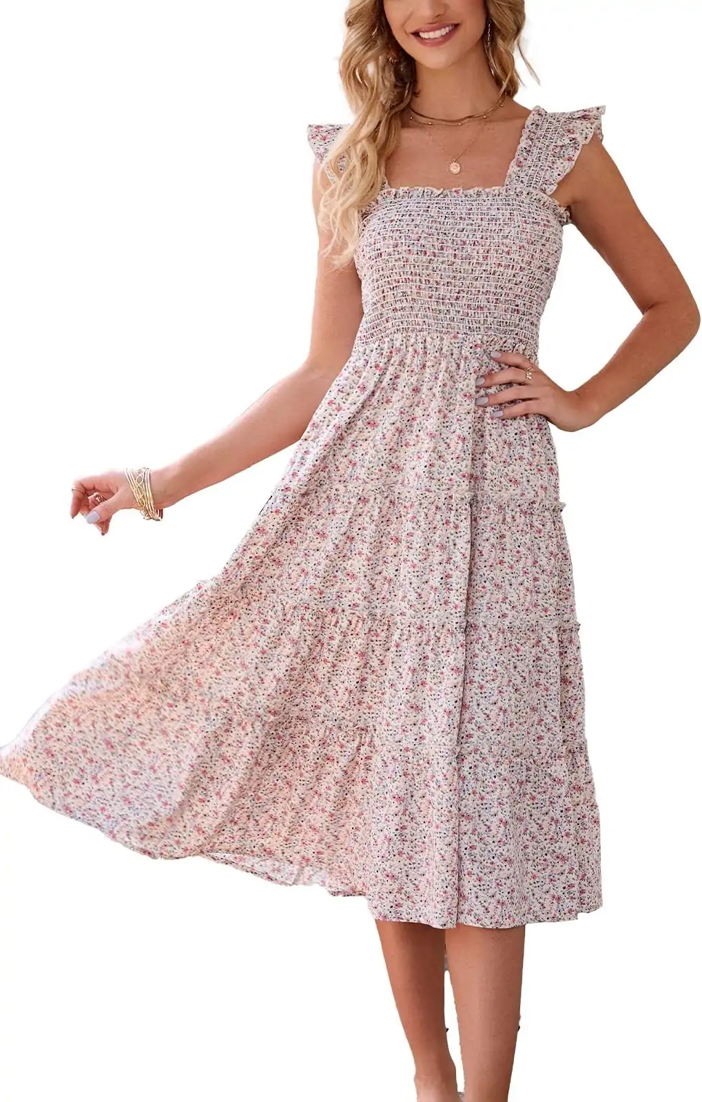 BTFBM Womens Summer Boho Smocked Beach Dresses Sleeveless Shoulder Strap Floral Flowy Tiered Party Midi Casual Sundress