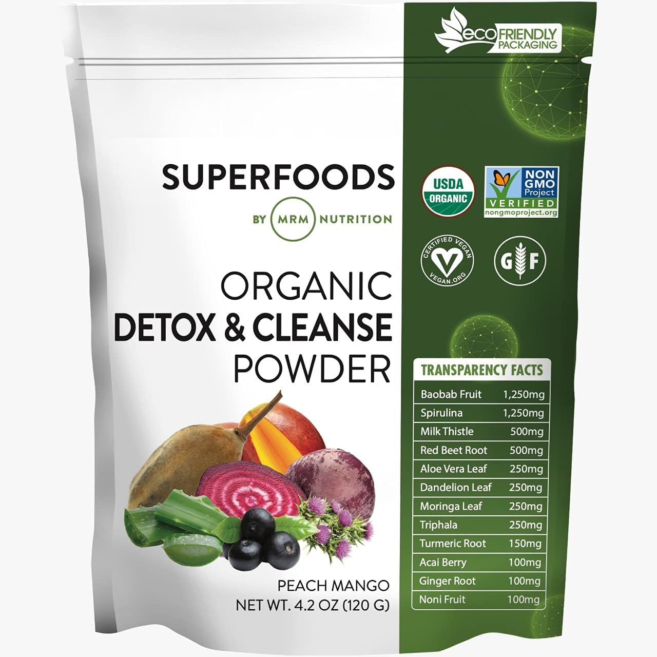 MRM Nutrition Organic Detox and Cleanse Powder | Peach Mango Flavored | Gentle Daily Detox | Superfoods | Antioxidants + Chlorophyll + Phycocyanin + Electrolytes | 15 Servings