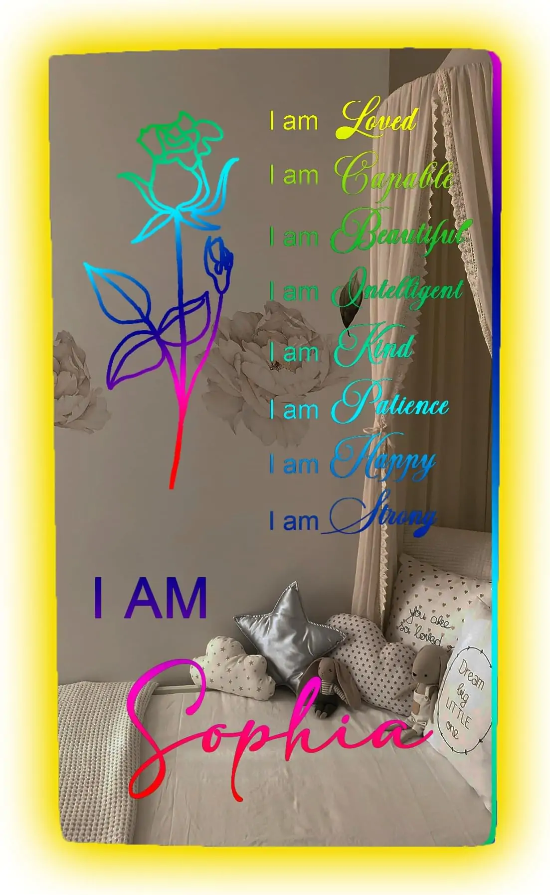 Personalized Name Affirmation Mirror with LED Light, Custom Birth flower Mirror, I AM Mirror, Light up Name Sign for Wall Bedroom Classroom, Inspirational Gift for Christmas Birthday Kids Friends