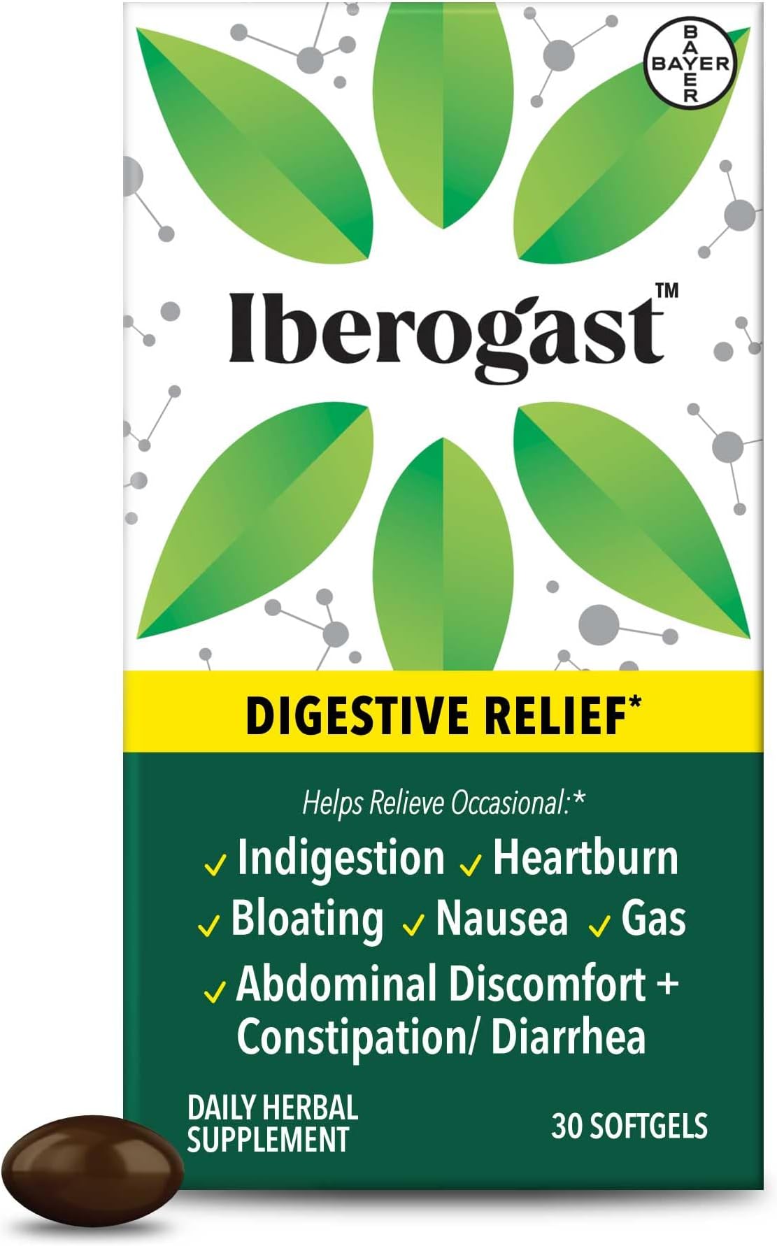 Iberogast Softgels, Herbal Relief of Stomach Upsets: Occasional Indigestion, Bloating, Gas, Nausea, Upset Stomach; 6-Herb Blend with Iberis Amara, Peppermint, Licorice, Lemon Balm; 30ct